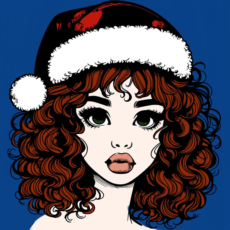 realistic girl with a santa hat curly hair and lips
