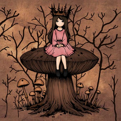 realistic girl sitting on a huge tree stump size toadstool with thorn crown
