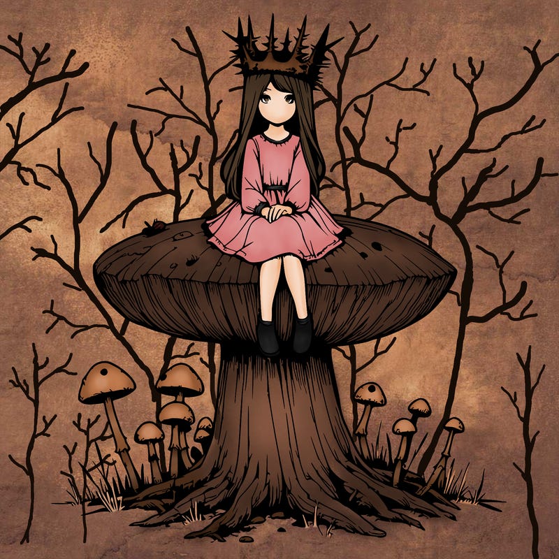 realistic girl sitting on a huge tree stump size toadstool with thorn crown