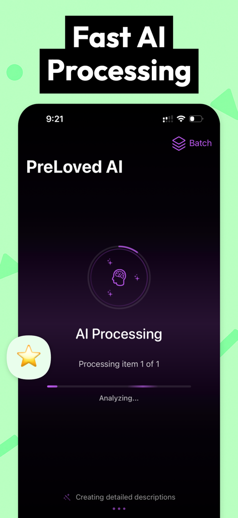 PreLoved AI app interface showing automated AI processing of a listing for faster selling