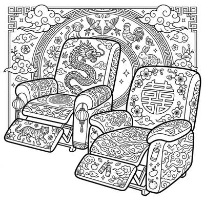 Immerse yourself in the festive spirit of Lunar New Year with this unique coloring page featuring beautifully adorned recliners. Discover intricate designs of dragons, zodiac animals, and auspicious symbols, perfect for a relaxing coloring session.