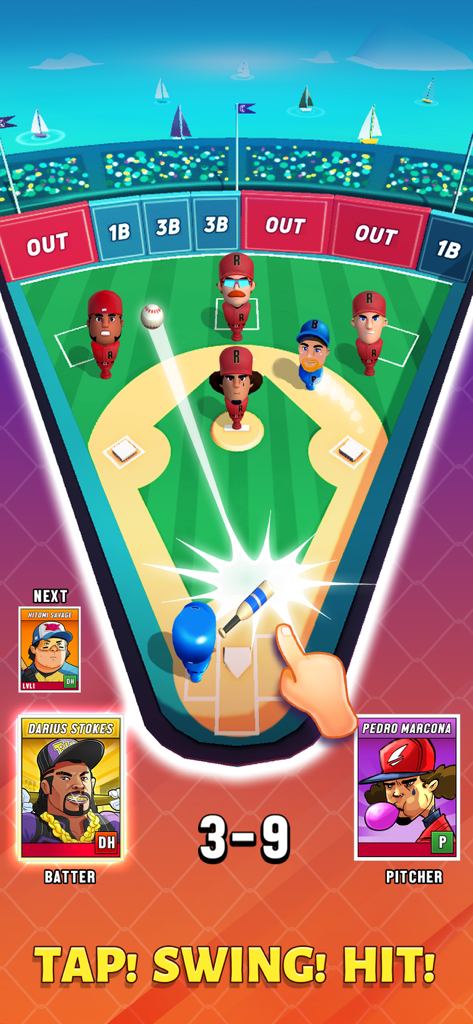 Super Hit Baseball - Super Hit Baseball gameplay showing a player swinging a bat at a ball with simple tap controls in a colorful stadium