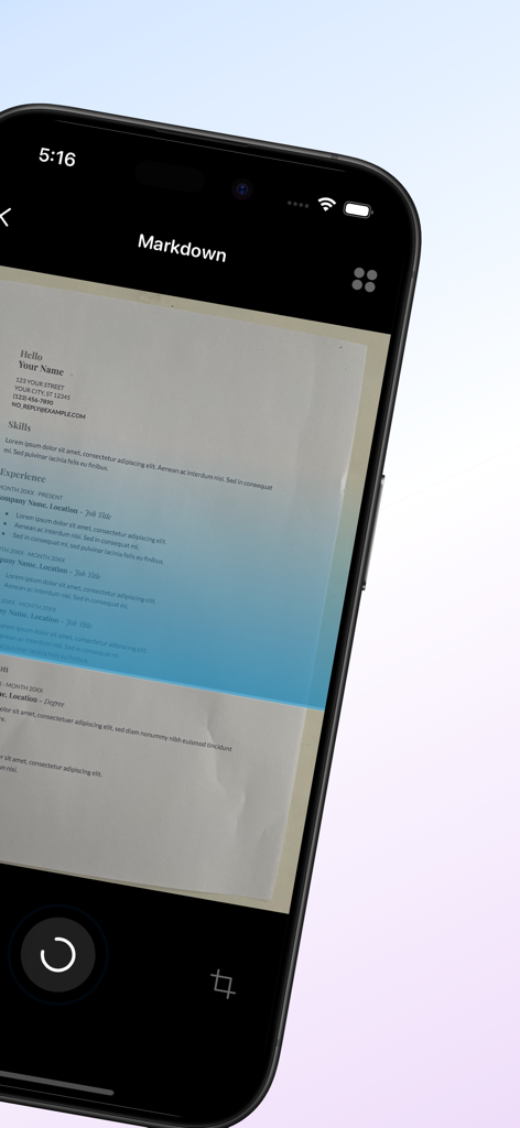 Scan.AI - AI Scan & Format - Scan AI app on iPhone scanning a document using markdown mode