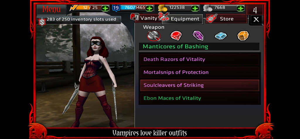 Dark Legends MMORPG - Female vampire character customization screen in Dark Legends MMORPG showing vanity items and weapon equipment