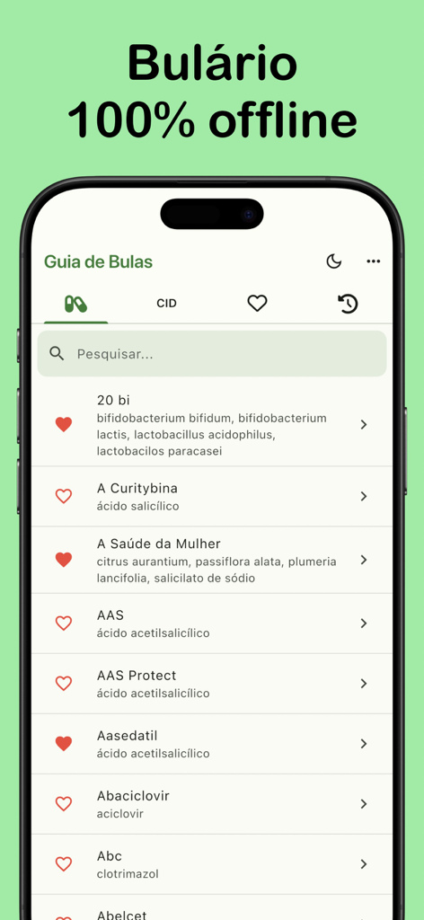 Guia de Bulas - Interface do aplicativo Guia de Bulas mostrando uma lista de medicamentos e o texto bulario 100 por cento offline