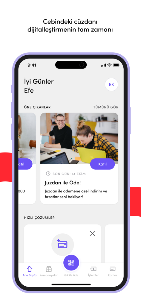 Juzdan - Interfaz de la pantalla de inicio de la aplicación móvil Juzdan mostrando campañas financieras y menú de navegación