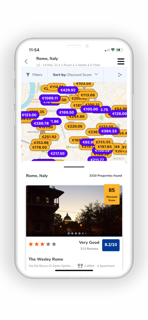 Interface do aplicativo LockTrip exibindo um mapa de Roma com etiquetas de preço para ofertas de hotéis e uma listagem de propriedade em destaque para o The Wesley Rome.