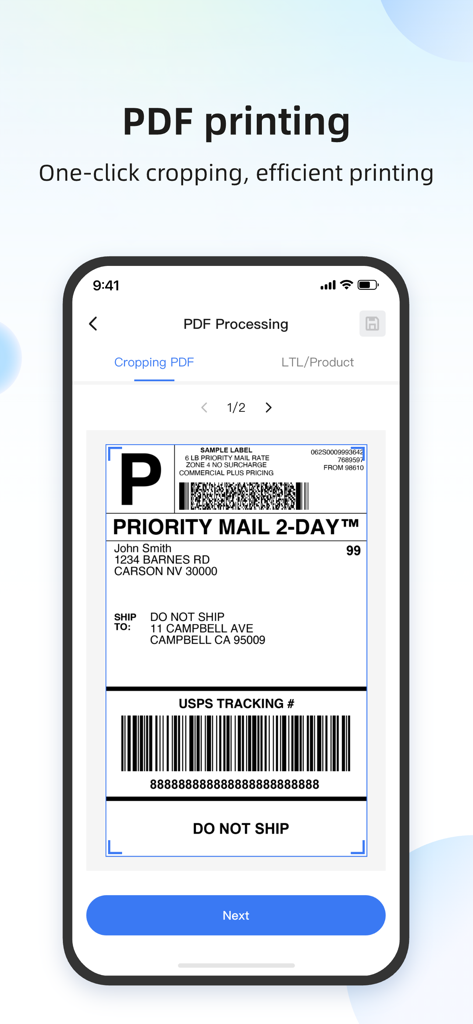 Labelife - Labelife app interface showing PDF cropping for a USPS shipping label