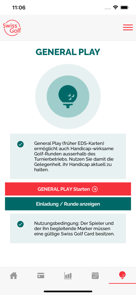 Swiss Golf - The General Play screen in the Swiss Golf app for recording handicap rounds.