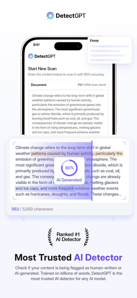 DetectGPT: Trusted AI Detector - Interfaccia dell'app DetectGPT che mostra una scansione di rilevamento di contenuti AI con un punteggio di probabilità dell'80 percento.