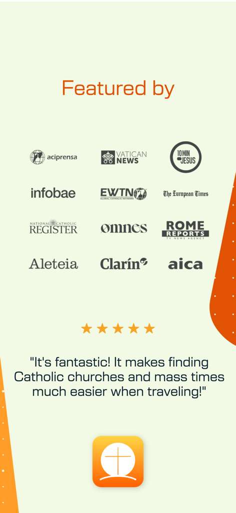 Media logos from Vatican News and EWTN alongside a five-star user review for the Catholic Mass Times app