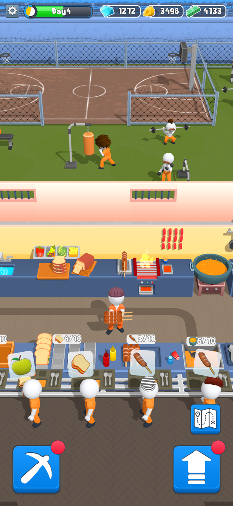 Prison Break-Out - Una captura de pantalla de un juego móvil que muestra a prisioneros haciendo ejercicio en un patio y recibiendo comida en una fila de cafetería.