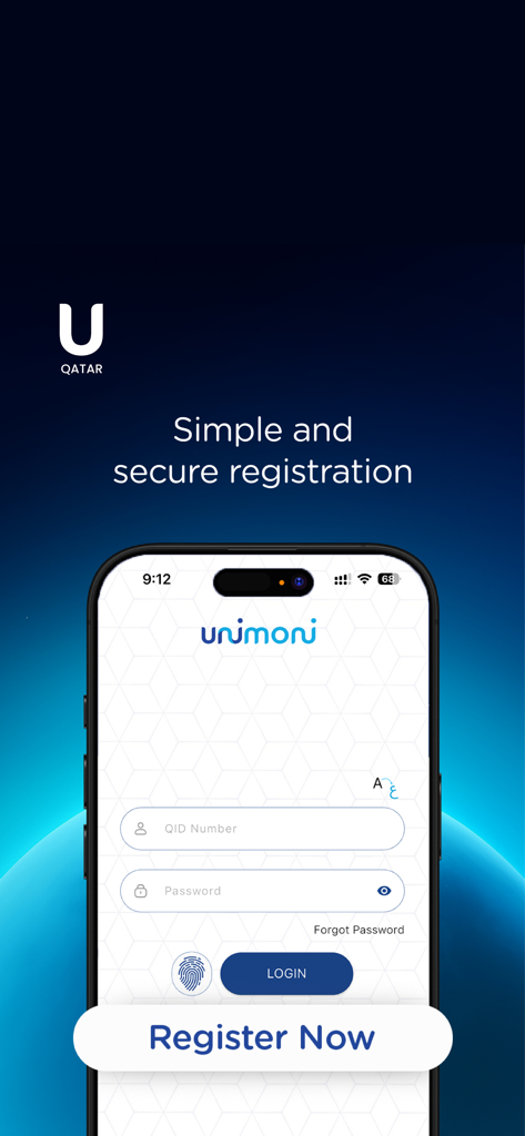 Unimoni Qatar - Pantalla de registro e inicio de sesión de la aplicación Unimoni Qatar en un teléfono inteligente.