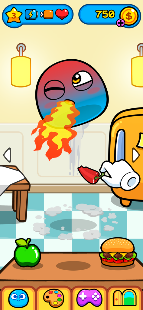My Boo: Virtual pet Take care - A blue and red virtual pet breathing fire after being fed a spicy red chili pepper in a cartoon kitchen.