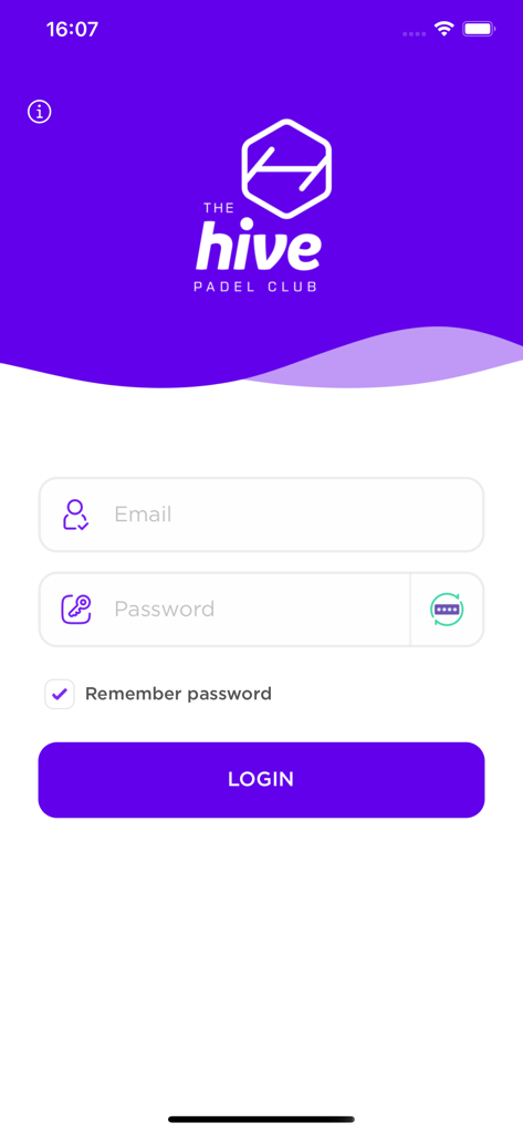 HIVE Padel - Login screen for the HIVE Padel Club mobile app showing email and password fields
