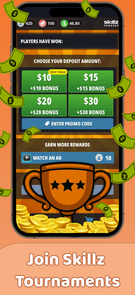 Quezztion: Real Money Trivia - Écran de dépôt de trivia à argent réel Quezztion montrant des options de bonus en espèces et des récompenses de tournoi Skillz