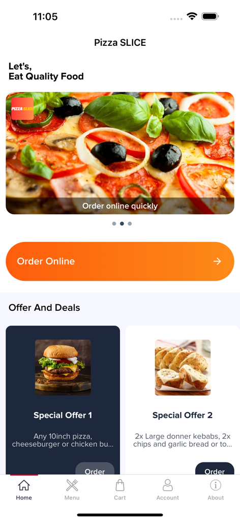 Tela inicial do aplicativo móvel Pizza Slice Online mostrando promoções de comida e um botão de pedido online.