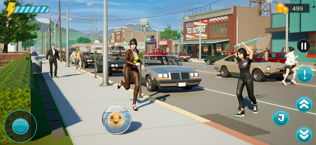 Hungry Piranha Aquarium Fish - A pufferfish in a water bowl rolling down a city sidewalk while characters try to catch it with a net.