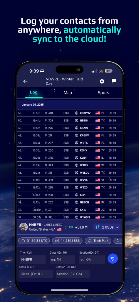 World Radio League - A mobile app interface for World Radio League showing a list of logged amateur radio contacts with callsigns, times, and locations under the Winter Field Day log.