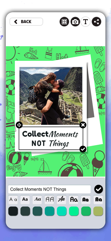 Photo frame app screen showing a couple vacation photo with a text overlay and editing tools