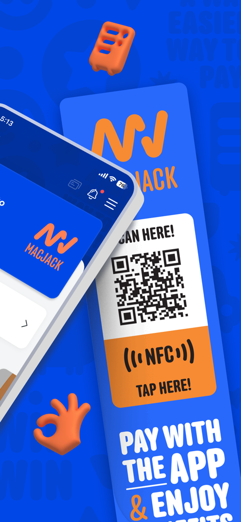 MacJack 모바일 앱 인터페이스 및 비접촉식 결제 QR 코드 스티커