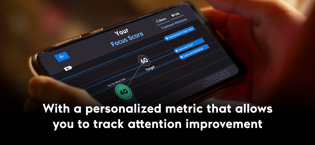 집중력 점수 지표로 주의력 개선을 추적하기 위해 EndeavorOTC 앱을 사용하는 사람