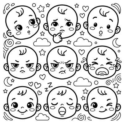 Dive into the world of adorable Kawaii baby expressions with this charming coloring page, featuring nine distinct emotions. Perfect for a joyful and relaxing artistic escape for colorists of all ages.