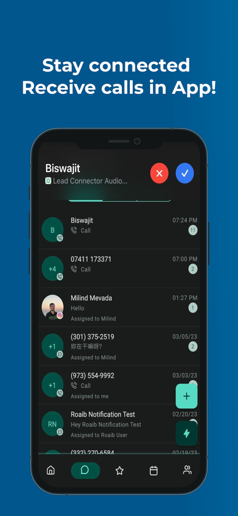 Lead Connector - Lead Connector App-Oberfläche, die eine Liste der letzten Kommunikationen und eine eingehende Anrufbenachrichtigung anzeigt.