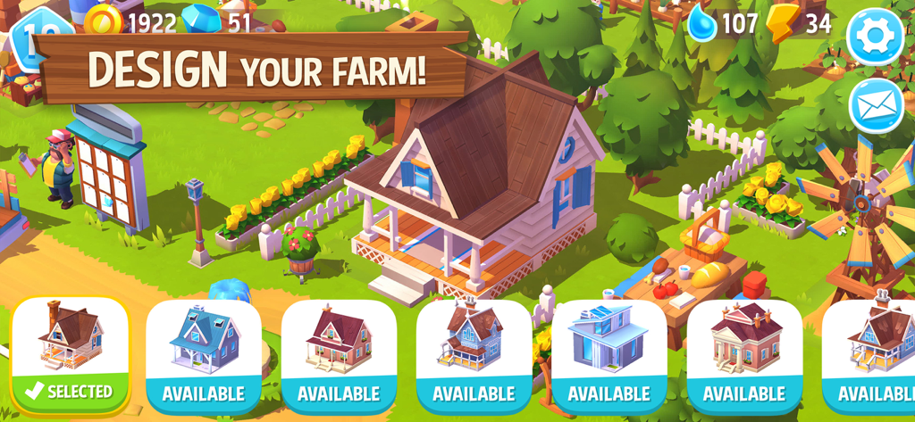 FarmVille 3 – Farm Animals - Gameplay-Screenshot von FarmVille 3, der das Menü zur Anpassung des Bauernhauses mit verschiedenen verfügbaren Hausstilen zeigt.