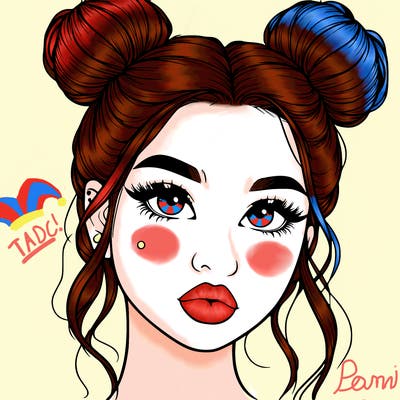 realistic girl with two buns on her hair and lips