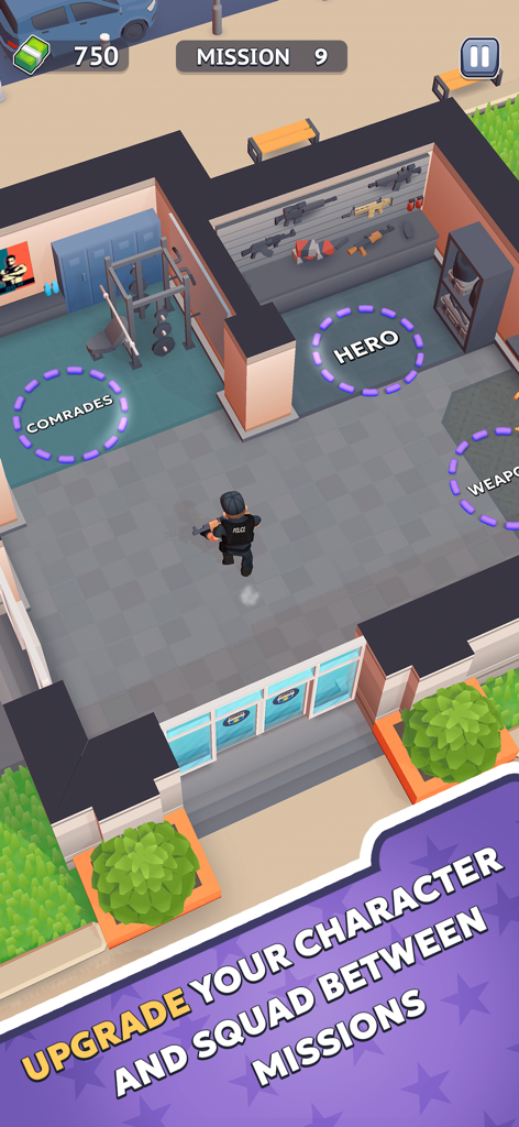 SWAT: Squad Tactics - Top down view of the SWAT base showing upgrade areas for character squad and weapons