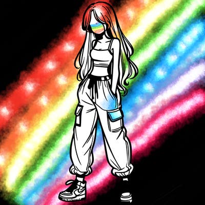 girl in baggy pants crop top and long hair