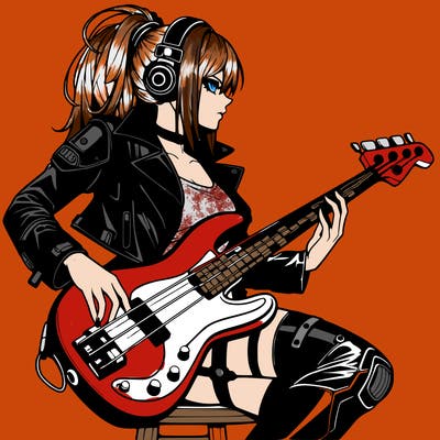 cyberpunk anime femme human in leather with a bass guitar