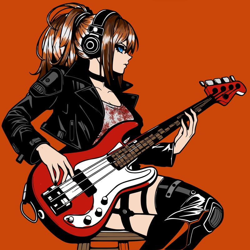 cyberpunk anime femme human in leather with a bass guitar