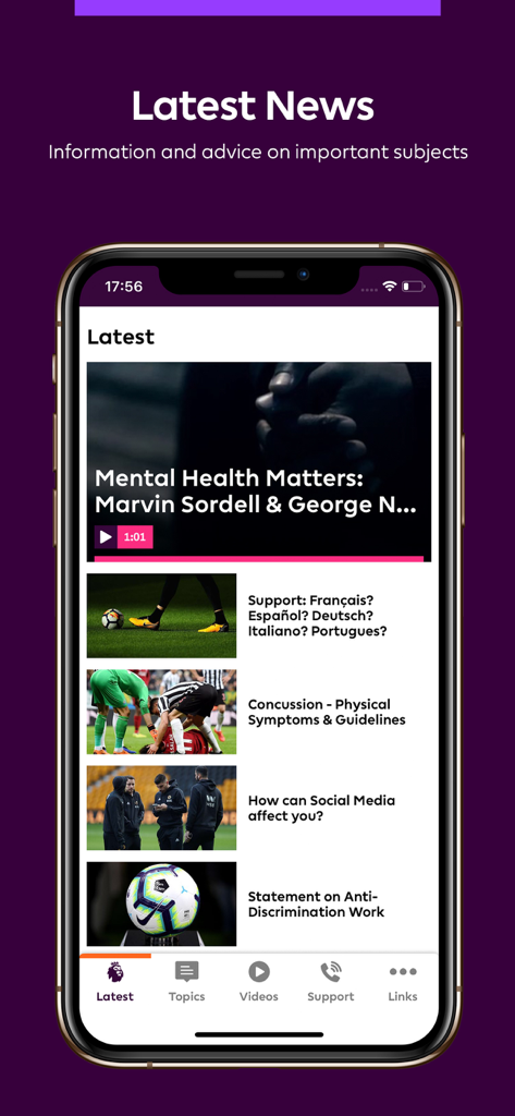 Premier League Player App news feed showing articles on mental health concussion guidelines and player support