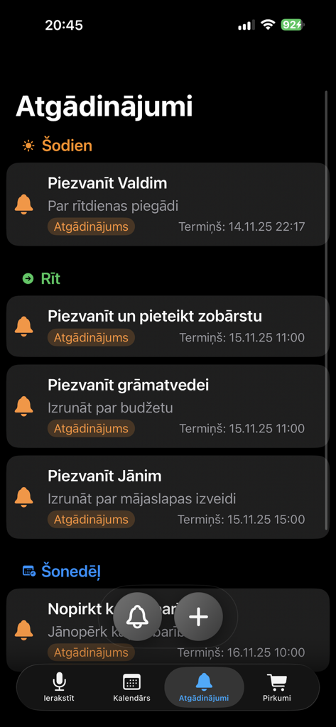 Echo Time Voice Assistant - Echo Time mobile app screen displaying a list of categorized reminders and tasks in dark mode