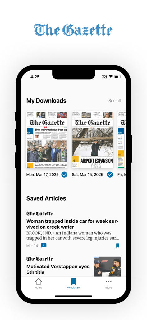 Montreal Gazette ePaper mobile app interface showing downloaded digital newspaper editions and saved articles