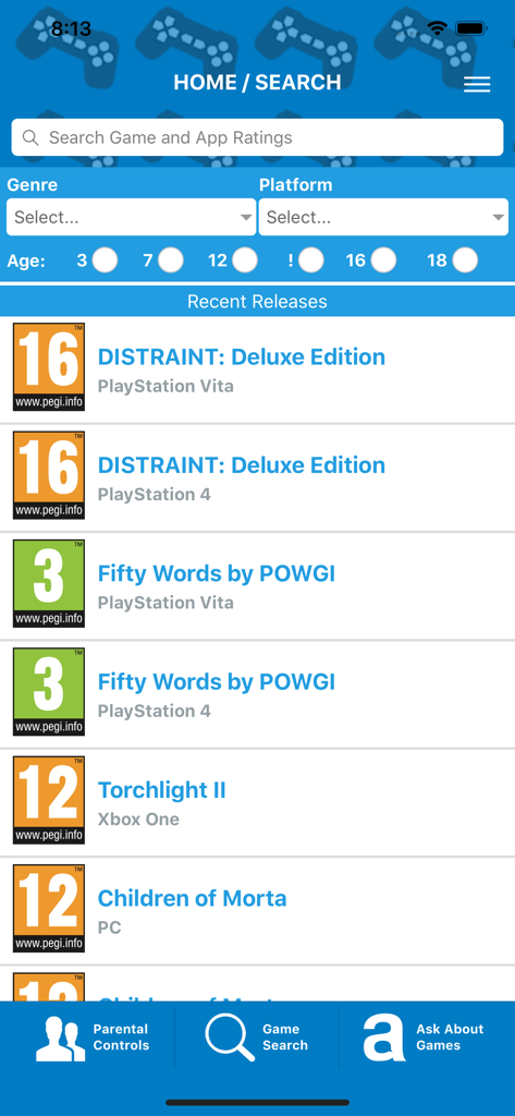 Interface do aplicativo PEGI Ratings mostrando filtros de pesquisa e uma lista de classificações de idade de videogames