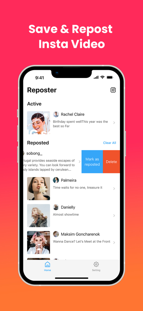 Interface of the Reposter app showing a list of saved and active Instagram videos and photos