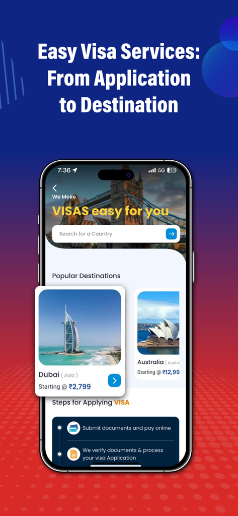 AkbarTravels: Flights & Hotels - Interfaz de la aplicación móvil Akbar Travels que muestra servicios de visa para destinos populares, incluidos Dubái y Australia