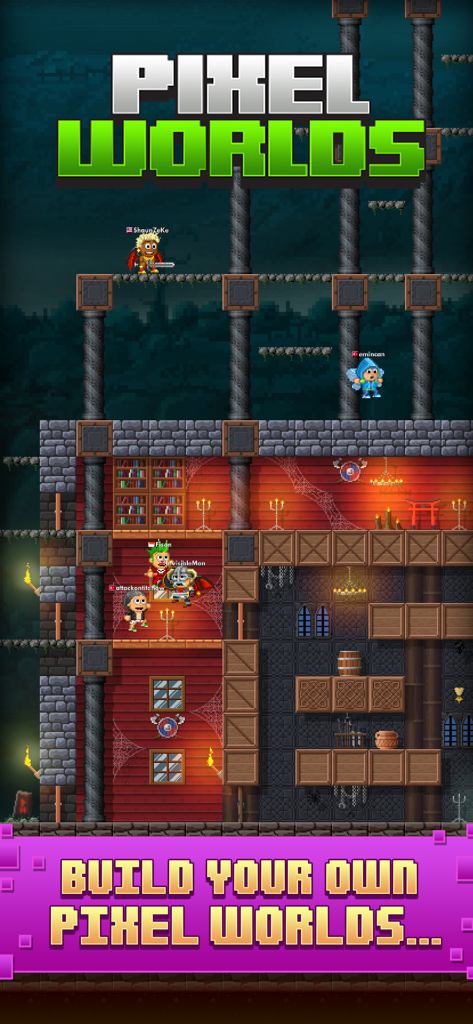 Pixel Worlds: MMO Sandbox - A custom-built pixel art world in Pixel Worlds MMO Sandbox with several characters