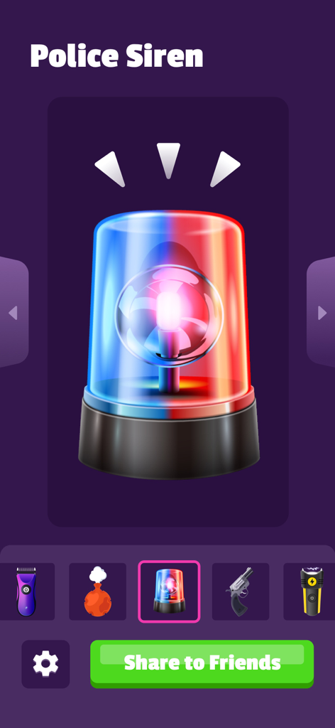 Screen showing a red and blue police siren sound effect in a prank app