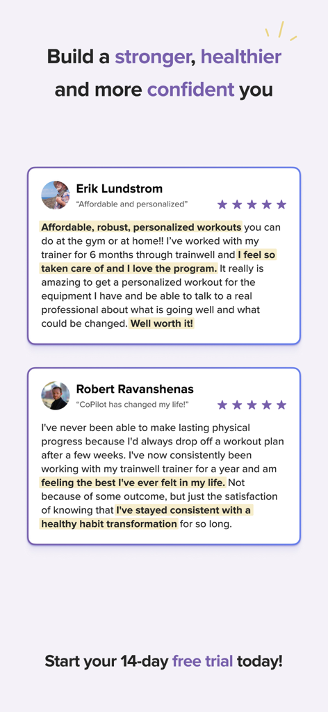 trainwell - User testimonials and positive reviews for trainwell personal training app