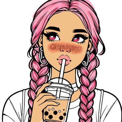 realistic girl with braided hair drinking boba