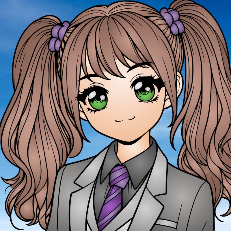 realistic girl with two ponytails and a suit on