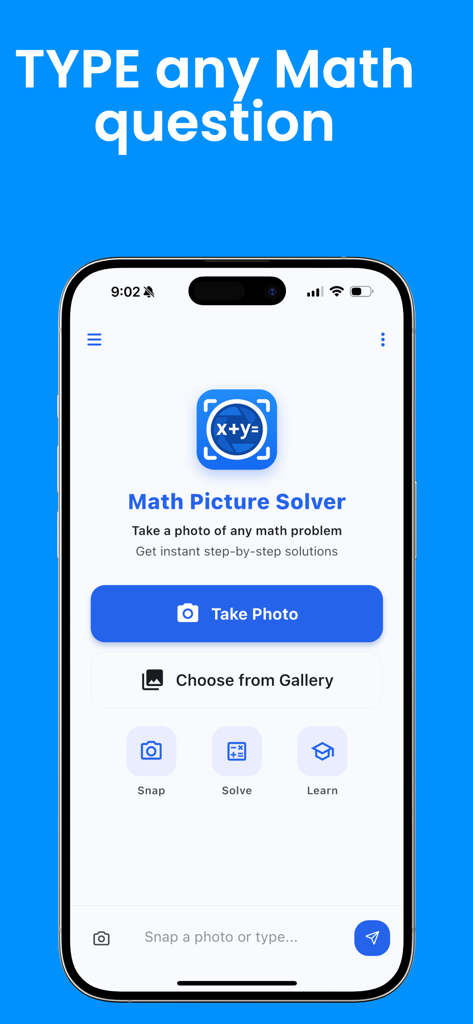 Math Picture Solver - Screenshot of Math Picture Solver app showing the main interface with options to take a photo or type a math question for instant solutions