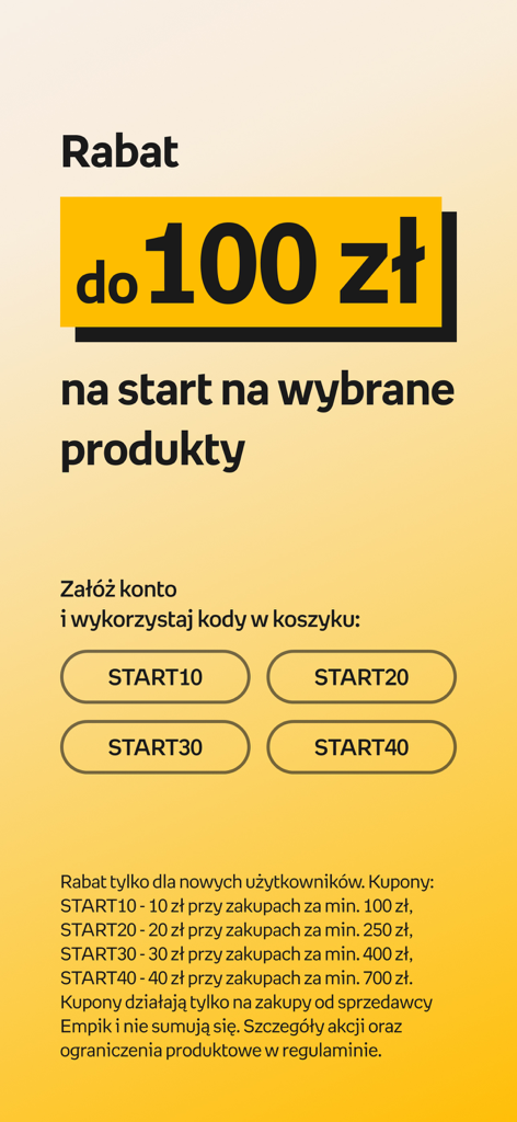 Promotional screen in the Empik app offering up to 100 PLN in discounts for new users