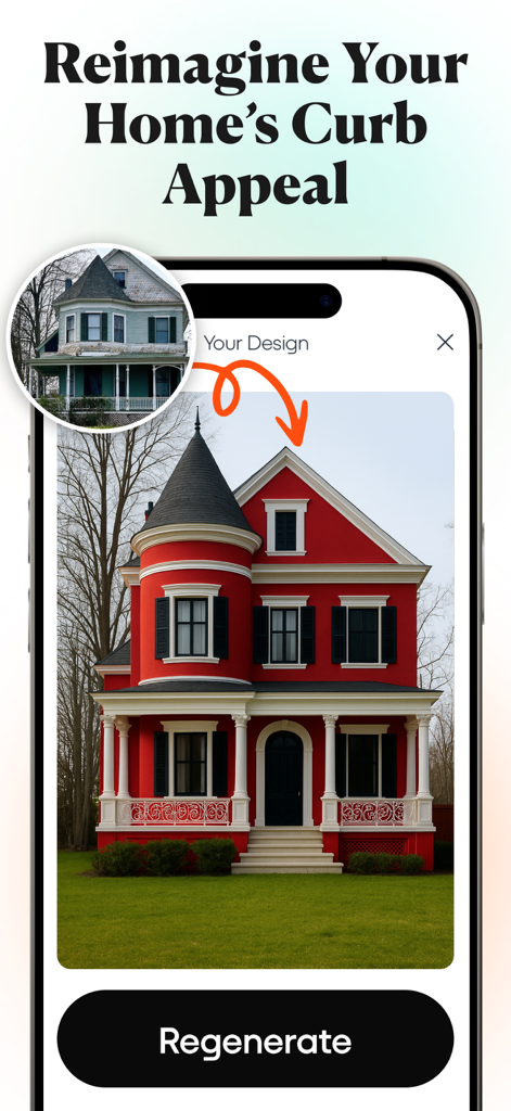 Interface do aplicativo de IA mostrando uma redesenho de exterior de casa antes e depois para apelo estético
