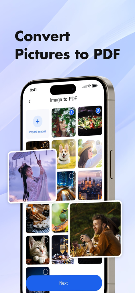 iPhone画面。写真ギャラリーインターフェースで「画像をPDFに変換」機能が表示されています