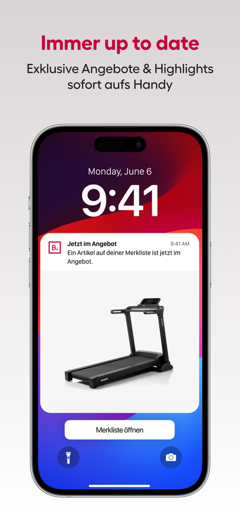 An iPhone lock screen displaying a Brack app push notification for a treadmill on sale with an option to open the wishlist.